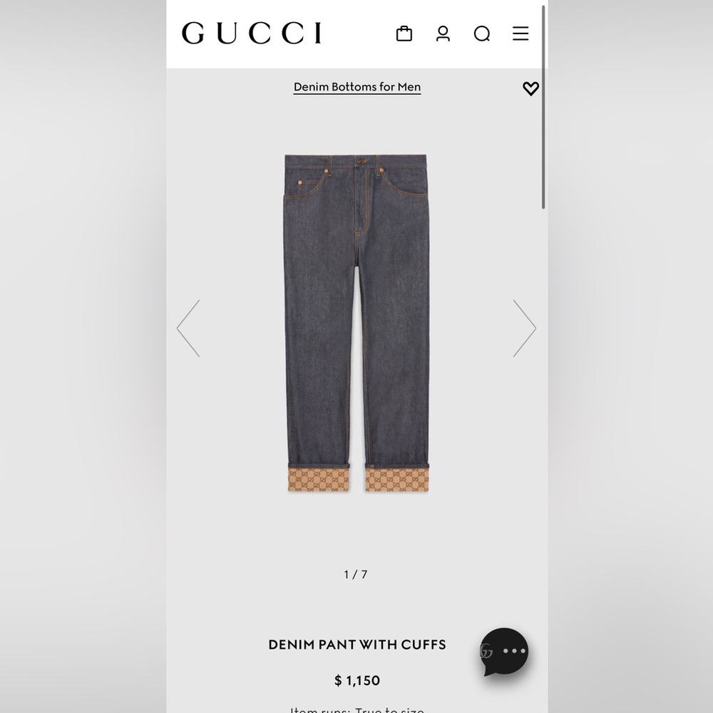 Men’s Gucci denim pant with reversible cuffs, size 30